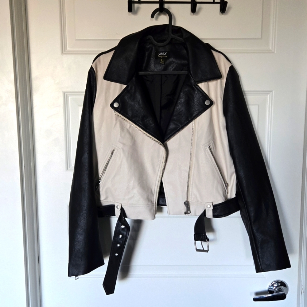 Black And White Faux Leather Coat